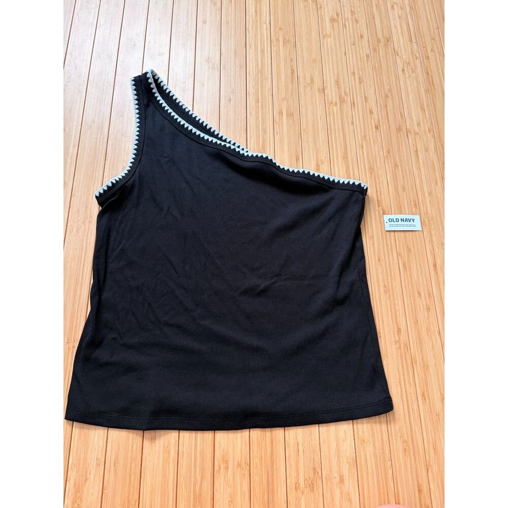 Old Navy NWT Black Ribbed One Shoulder Tank Top White Zigzag Trim XL